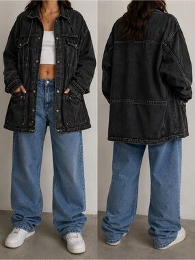 Vintage Oversized Black Denim Utility Jacket – Unisex / Streetwear Vibes